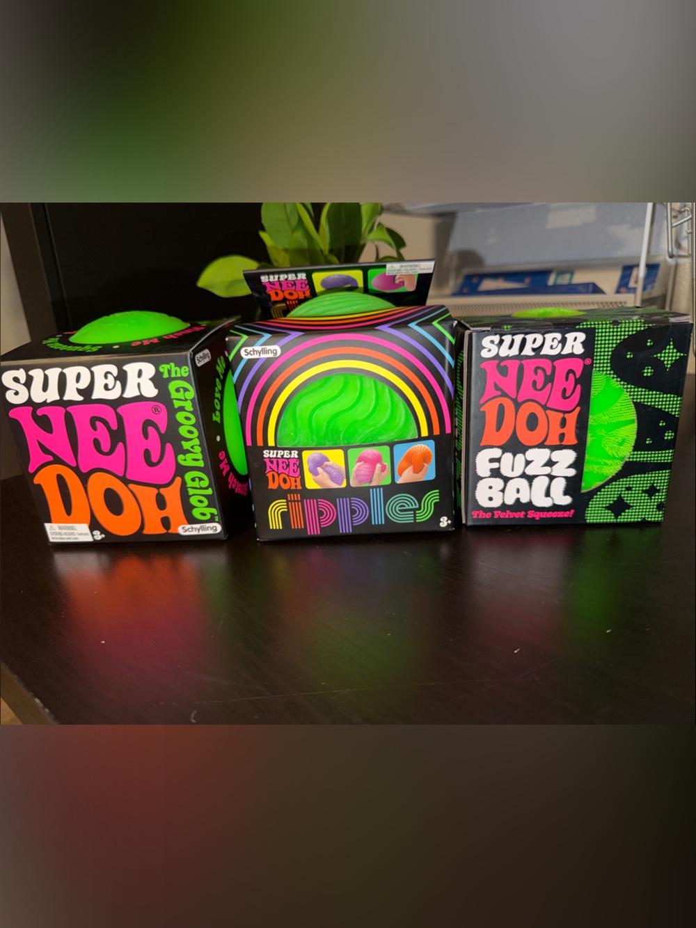 THREE Schylling Super NeeDohs Green Ripples, Groovy Glob & Fuzz Ball Authentic